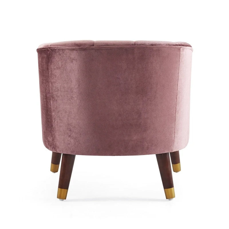 Poltroncina a barilotto in velluto arancione/fard/smeraldo/bianco con gambe in legno, seduta singola