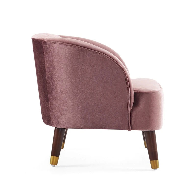 Poltroncina a barilotto in velluto arancione/fard/smeraldo/bianco con gambe in legno, seduta singola