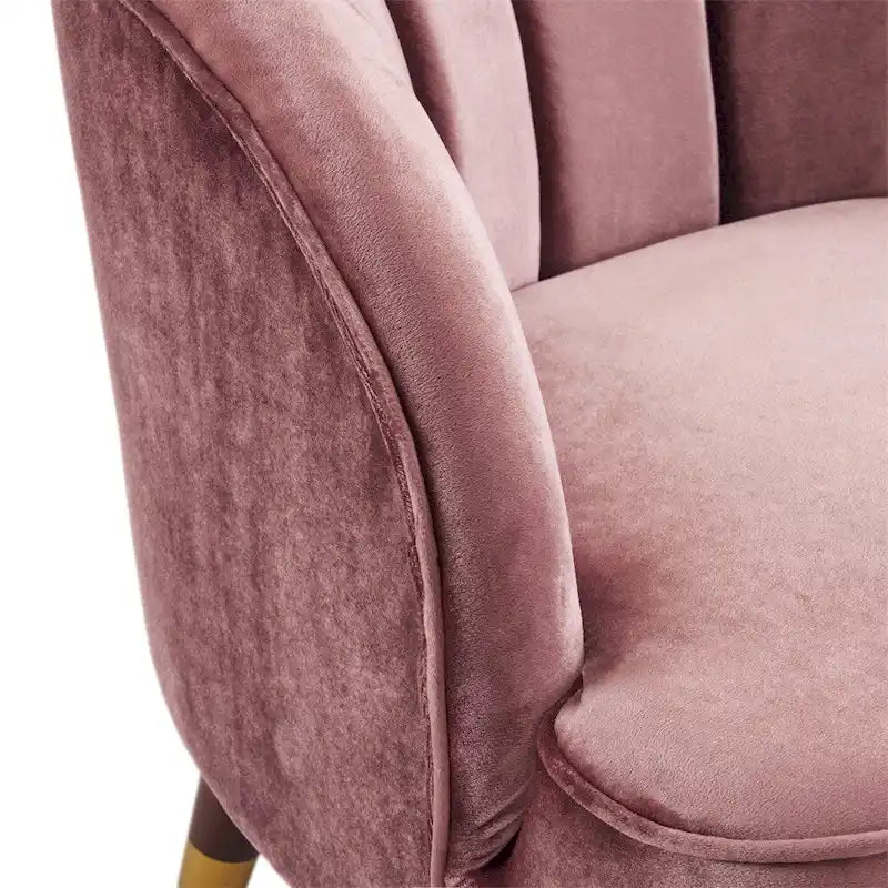 Poltroncina a barilotto in velluto arancione/fard/smeraldo/bianco con gambe in legno, seduta singola