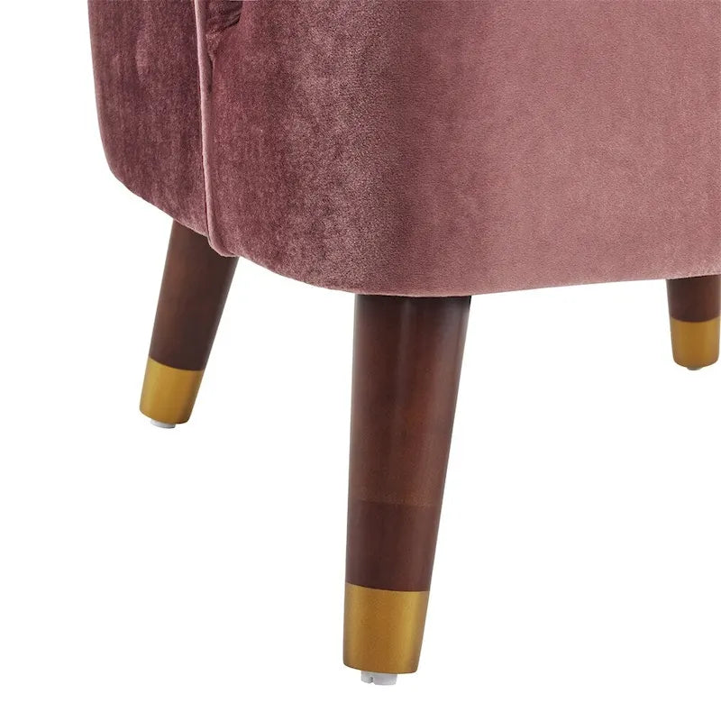 Poltroncina a barilotto in velluto arancione/fard/smeraldo/bianco con gambe in legno, seduta singola