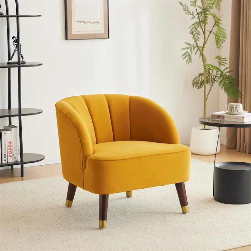 Poltroncina a barilotto in velluto arancione/fard/smeraldo/bianco con gambe in legno, seduta singola