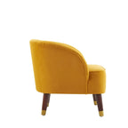 Poltroncina a barilotto in velluto arancione/fard/smeraldo/bianco con gambe in legno, seduta singola