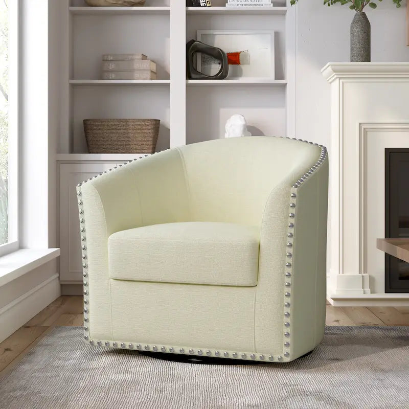 Poltrona girevole a barilotto con borchie – Cammello chiaro / Grigio / Bianco / Blu / Grigio chiaro, 1 posto