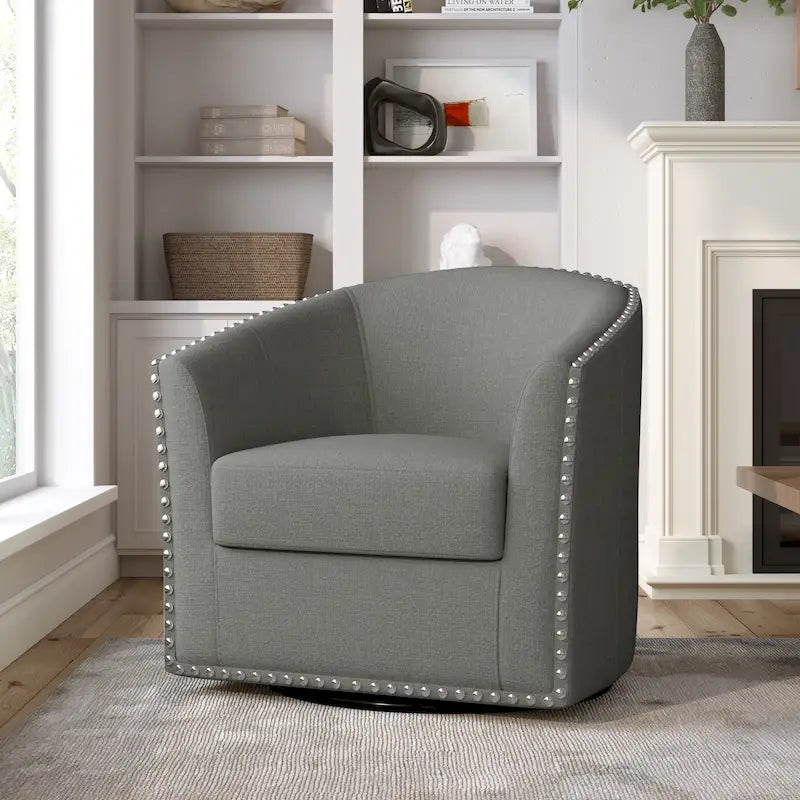 Poltrona girevole a barilotto con borchie – Cammello chiaro / Grigio / Bianco / Blu / Grigio chiaro, 1 posto