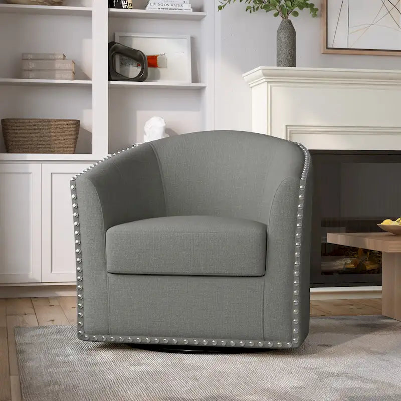 Poltrona girevole a barilotto con borchie – Cammello chiaro / Grigio / Bianco / Blu / Grigio chiaro, 1 posto