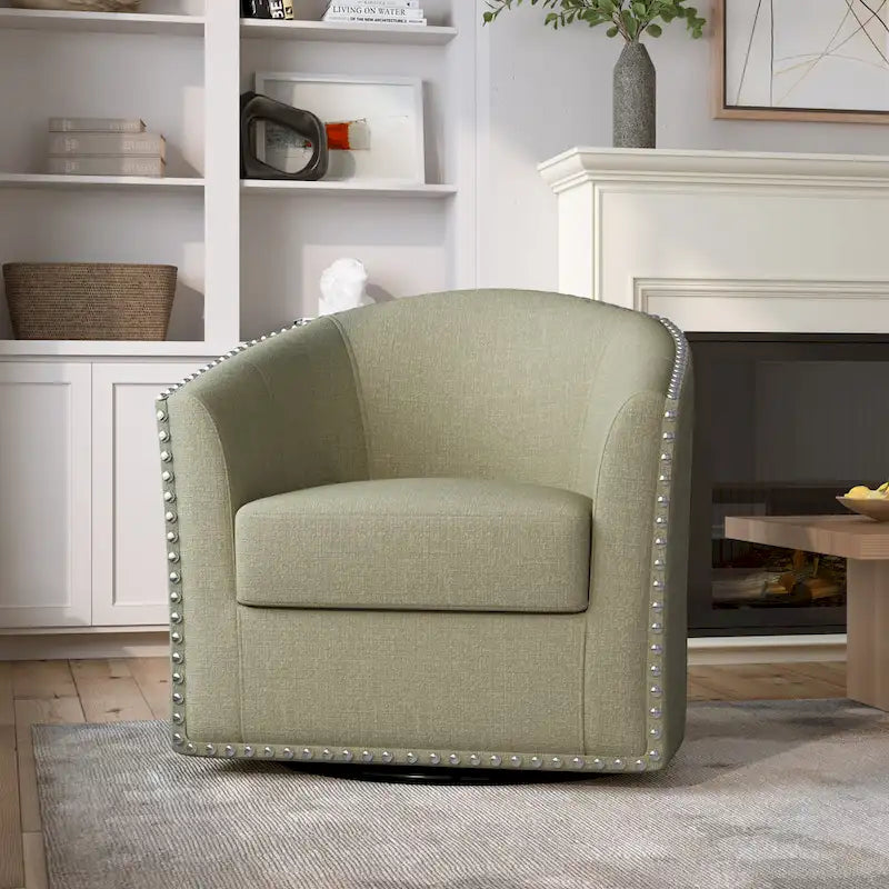 Poltrona girevole a barilotto con borchie – Cammello chiaro / Grigio / Bianco / Blu / Grigio chiaro, 1 posto