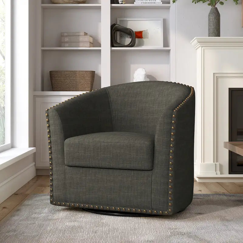 Poltrona girevole a barilotto con borchie – Cammello chiaro / Grigio / Bianco / Blu / Grigio chiaro, 1 posto